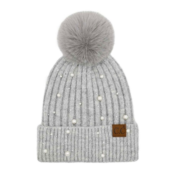 C.C Accessories - C.C Beanie PomPom Hat Pearl Rhinestone Embellished Coquette Feminine Outdoor NEW